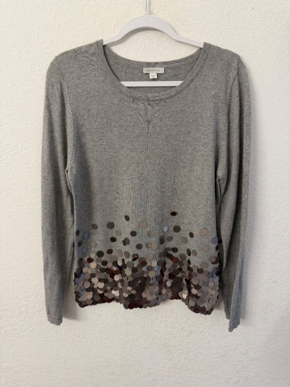 Garnet Hill Gray Long Sleeve Sweater With Metallic Sequin Hem Cotton Cashmere Bl